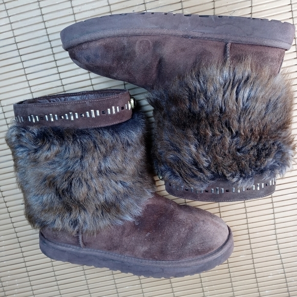 UGG VILET BROWN SUEDE SHEEPSKIN TOSCANA Faux Fur CUFF CRYSTAL BLING BOOTS, US wo - Picture 6 of 11